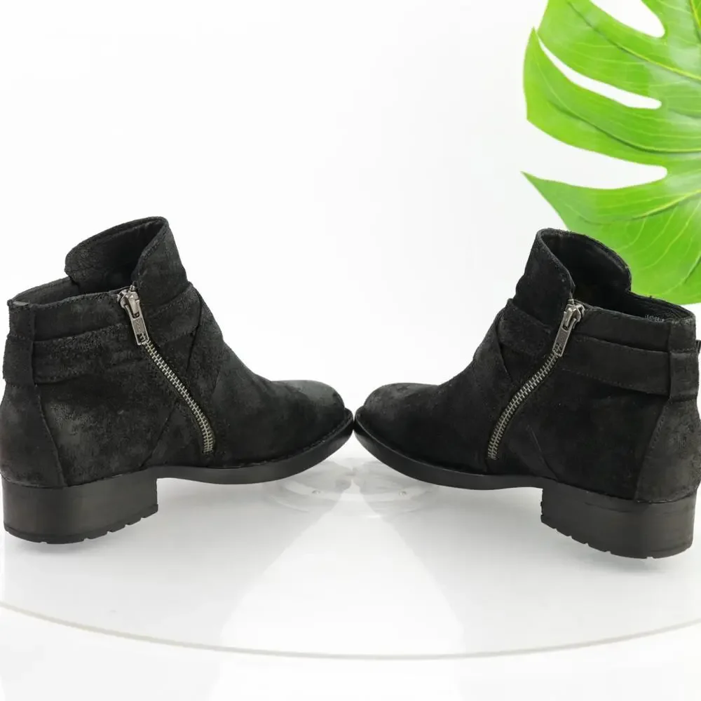 Born Womens Jorgette Boots Size 7.5 Black Suede Distressed Bootie Buckle Lo Heel